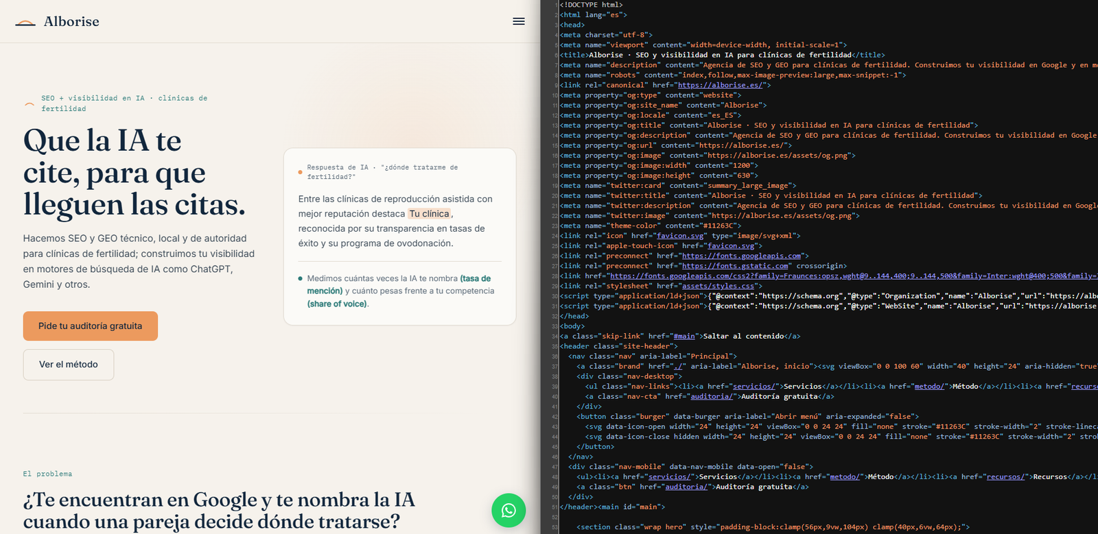 Comparativa entre la web de Alborise tal como la ve una persona y el HTML que recibe un bot de IA
